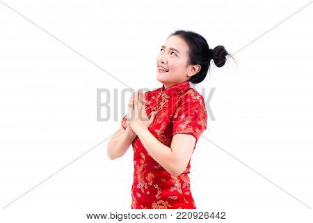 Asian Woman Wearing Chinese Dress Cheongsam With Gesture Of Congratulation, Bring The Hands Together