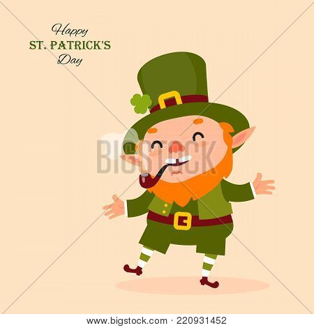 Leprechaun smokes a pipe, laughs and dances. St.Patrick 's Day. raditional national character of Irish folklore. Isolated element of the set of leprechauns 15. Festive collection. Vector illustration