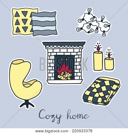 Vector hand drawn stickers set of Hygge elements. Cozy home interior details.