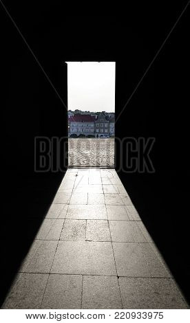 Lublin, Poland - August 11, 2017: View from the door of The Royal Castle of Lublin, Poland and bright blue sky. Lublin is the biggest city in eastern Poland. Lublin old city center.