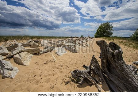 Lake Michigan Beach. Sandy beach along the shores of Lake Michigan in the Upper Peninsula town of Manistique, Michigan.