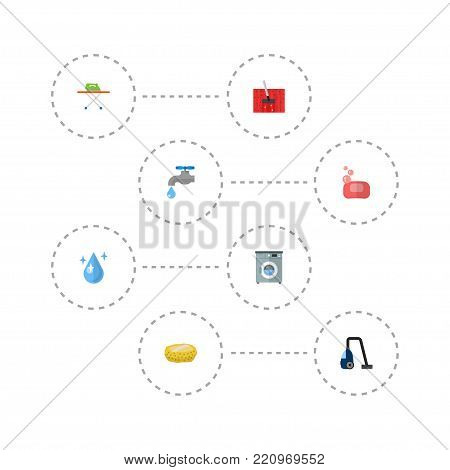 Icons flat style wisp, washing machine, tap water and other vector elements. Set of cleaning icons flat style symbols also includes water, housekeeping, bast objects.