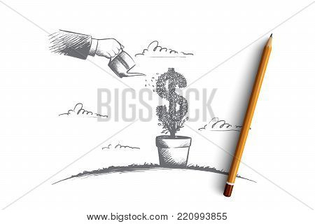 Money making concept. Hand drawn human hand watering growing symbol of dollar. Success investment isolated vector illustration.
