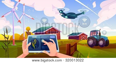 Smart Farming, Futuristic Technologies In Farm Industry. Tablet With App For Control Plants Growing,