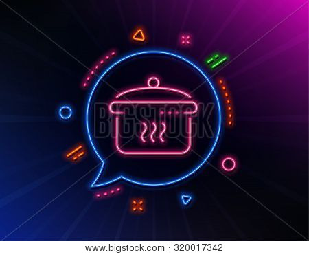 Boiling Pan Line Icon. Neon Laser Lights. Cooking Sign. Food Preparation Symbol. Glow Laser Speech B