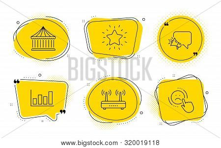 Wifi, Rank Star And Dislike Signs. Chat Bubbles. Carousels, Report Diagram And Megaphone Line Icons 