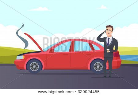Car Breakdown. Road Assistance Cartoon Illustration. Vector Businessman Need Car Repair Service. Bre