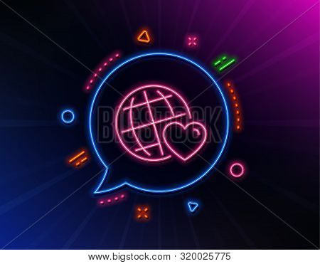 Friends World Line Icon. Neon Laser Lights. Friendship Love Sign. Assistance Business Symbol. Glow L