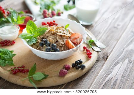 Breakfast Cereal, Table Setting. Healthy Tasty Breakfast Multigrain Wholewheat Healthy Cereals With 