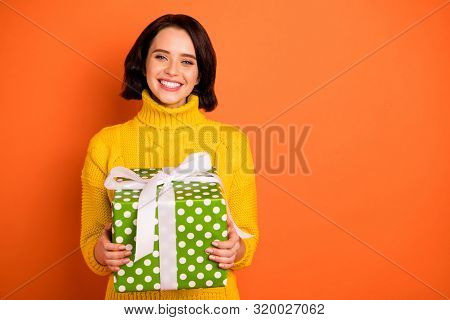Photo Of Rejoicing Cheerful Glad Charming Girl Having Just Received Gift Form Friends While Isolated