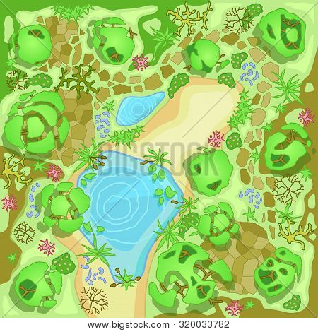 Site Improvement  Landscape And Tourist Camp In The Forest. (top View) Pond, Stones, Trees, Plants, 