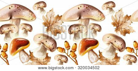 Autumn Harvest Pattern Vector. Fall Muchrooms And Fruits Decor Posters