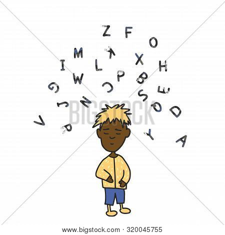 Spelling Concept. Boy With Stylized Letters. Vector Illustartion.