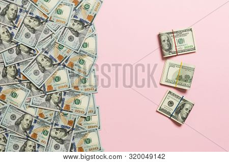 Dollars Currency On Colored Background Top View, With Empty Place For Your Text Business Money Conce
