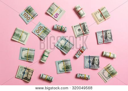 Money Background With American Hundred Dollar Bills On Top Wiev With Copy Space For Your Text In Bus