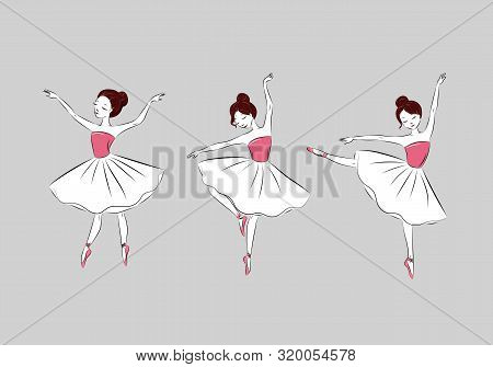 Set Of Cute And Sophisticated Dancing Ballerines Vector Illustration. Joyful Ballet Dancer Wearing N