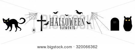 Set Of Silhouettes For Happy Halloween. Cat And Owl With Yellow Eyes, Bats And A Spider On The Web. 