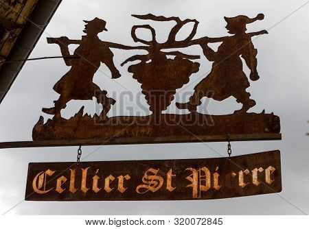 Troyes, France - August 31, 2018: Metal Signboard Of The Cellier St. Pierre Wines In Toroyes.  Aube,