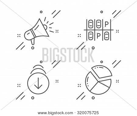 Scroll Down, Megaphone And Parking Place Line Icons Set. Pie Chart Sign. Swipe Screen, Brand Adverti