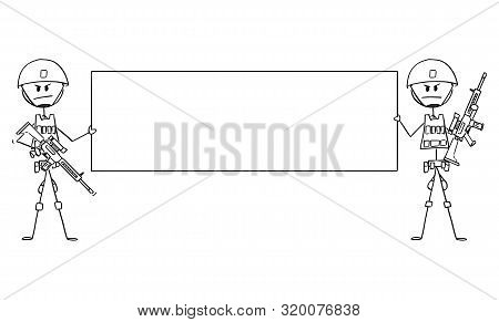 Vector Cartoon Stick Figure Drawing Conceptual Illustration Of Two Modern Army Soldiers Armed With R