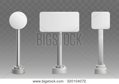 Blank White, Empty, Round, Square And Rectangular Shape Road Sign Plate, Ad Banner Or Billboard On B