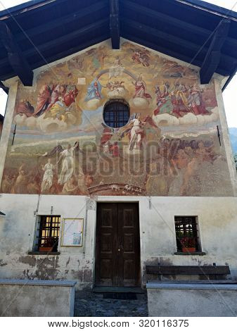 Fenis, Italy - August 17, 2019: Beautiful Painted Building In Fenis, Aosta Valley, Italy.