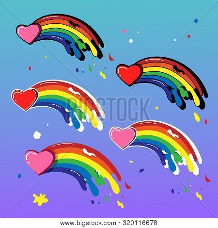 Set Of Rainbow Hearts Stickers With Paint Splashes On The Gradient Blue And Violet Background.