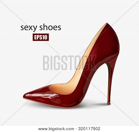 Beautiful Female Burgundy Pump On A White Background, Sexy Shoes, Classic. High-heeled Shoes, Patent
