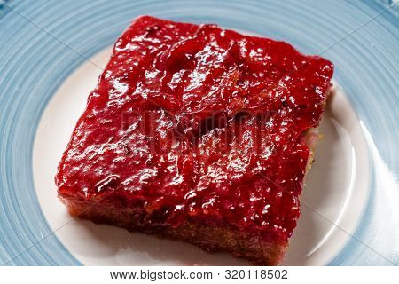 Trilece Cake Dessert With Red Plum Puree Jam / Marmalade.