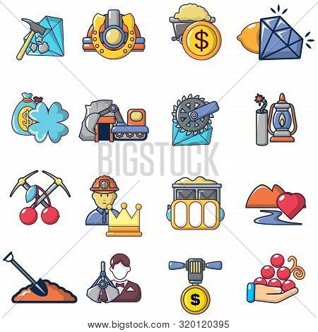 Mining Icons Set. Cartoon Set Of 16 Mining Vector Icons For Web Isolated On White Background