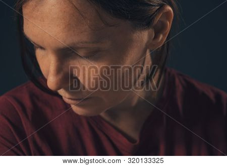 Sensual Melancholic Female Portrait, No Makeup And No Retouching. Adult Caucasian Woman Looking Let 