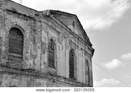 The Ruins Of Synagogue In Stolin, Belarus. Black And White.