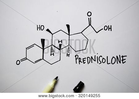 Prednisolone Molecule Written On The White Board. Structural Chemical Formula. Education Concept
