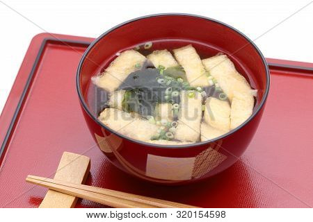 Japanese Food, Miso Soup Of Abura Age And Wakame On A Bowl