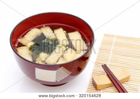 Japanese Food, Miso Soup Of Abura Age And Wakame On A Bowl