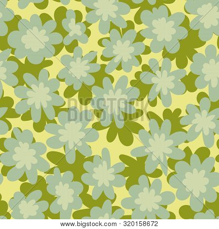 A Seamless Vector Pattern With Simple Flowers And Leaves In Pastel Greens And Yellow. Surface Print 