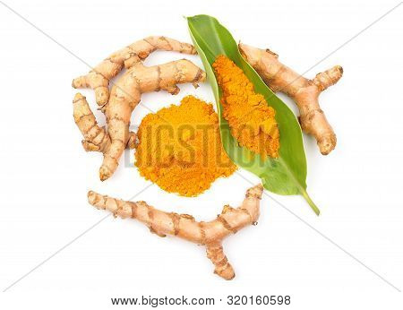 Turmeric Powder And Fresh Turmeric (curcuma) With Green Leaf On White Background. Herbal
