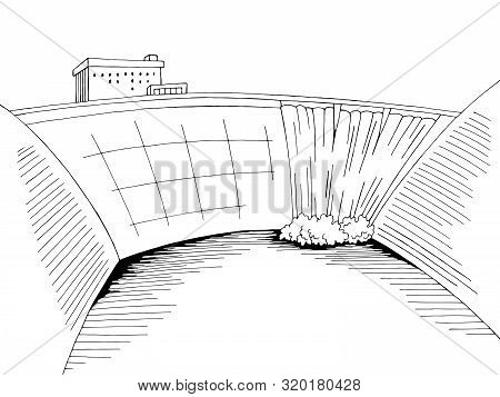 Dam Hydropower River Graphic Black White Landscape Sketch Illustration Vector