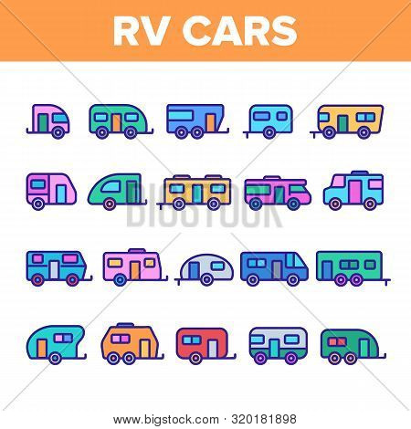 Color Rv Camper Cars Vehicle Icons Set Vector Thin Line. Different Types Rv Cars, Trailer, Automobil