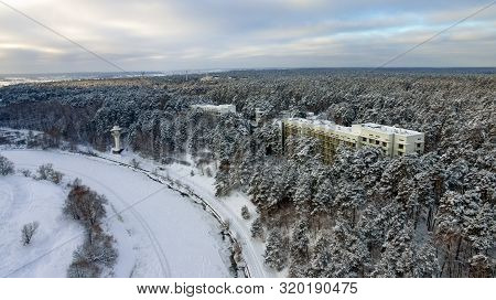 Winter Top View Of The Winter Forest And The Valley With A Bend Of The River, Russia, Moscow Region
