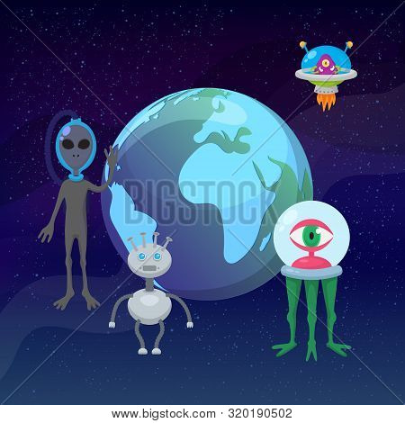 Ufo Game Cartoon Aliens With Earth Planet Globe Vector Illustration. Fantastic Ufo And Alient Futuri