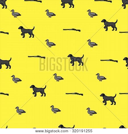 Hunting Seamless Pattern With Guns, Dog And Ducks. Hunting Background Vector Illustration