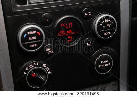 Novosibirsk, Russia - August 19, 2019:  Suzuki Grand Vitara,  Black Car Interior: Climat Control Vie