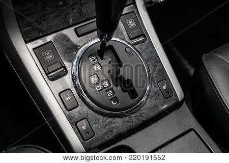 Novosibirsk, Russia - August 19, 2019:  Suzuki Grand Vitara, Hand On The Gear Shift. Automatic Trans