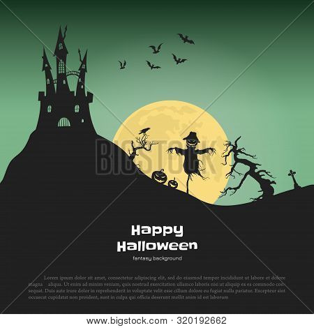 Halloween Banner With Fantasy Silhouettes. Landscape Of Cemetary With Scarecrow And Pumkins. Holiday
