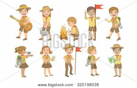 Cute Kids Scouts Camping Set, Cute Boys And Girls In Scout Costumes Cooking, Playing Guitar, Hiking 