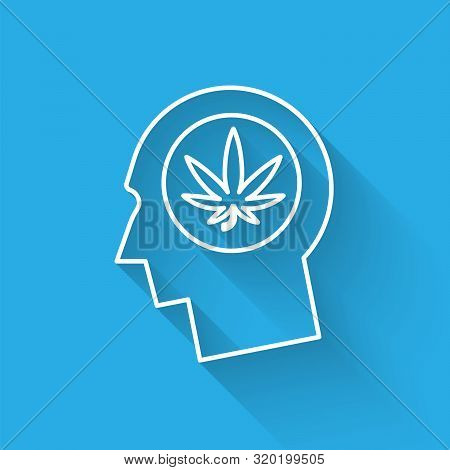 White Line Silhouette Of Male Head In Profile With Marijuana Or Cannabis Leaf Icon Isolated With Lon