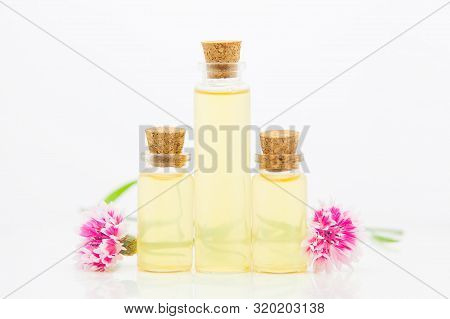 Essence Of Lavender Flowers On White Background In Beautiful Glass Bottle