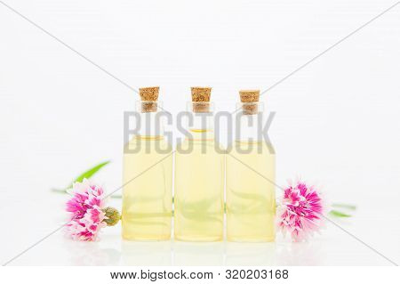 Essence Of Lavender Flowers On White Background In Beautiful Glass Bottle