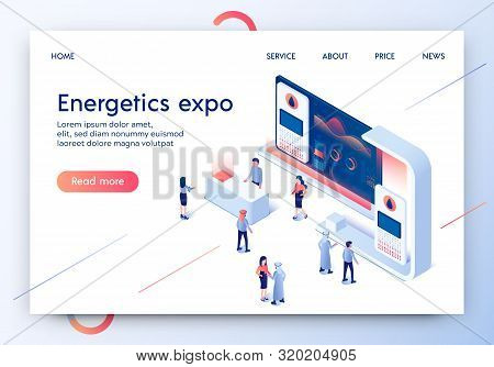 Energetics Expo Horizontal Banner. Exhibition Center Stand With Graphs And Tiny People In Casual And